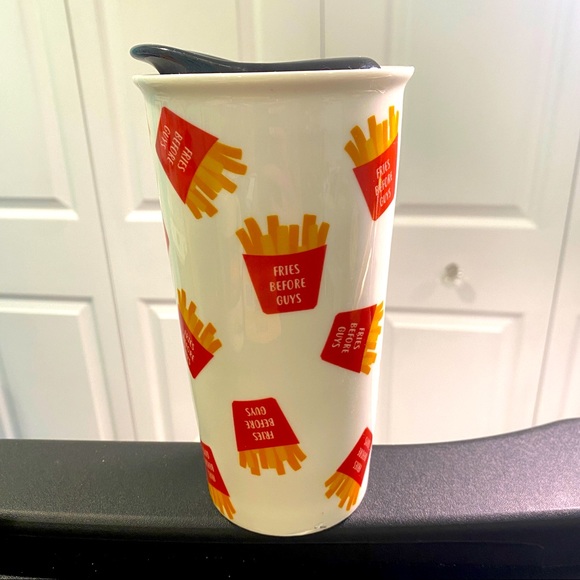 "Fries Before Guys" Travel Mug Porcelain BFF Tumbler Cup with Lid - Picture 3 of 10